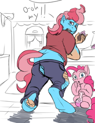 Size: 800x1029 | Tagged: safe, artist:acesential, artist:tf-sential, cup cake, pinkie pie, earth pony, chiffon swirl, clothes, human to pony, ripped pants, ripping clothes, species swap, transformation