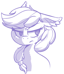Size: 1298x1500 | Tagged: safe, artist:zzzsleepy, applejack, earth pony, pony, angry, applejack is not amused, bust, ear fluff, ears, floppy ears, glare, hatless, missing accessory, monochrome, sketch, solo, unamused