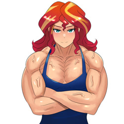 Size: 600x600 | Tagged: safe, artist:tzc, derpibooru import, sunset shimmer, equestria girls, biceps, blushing, buff, clothes, crossed arms, female, human coloration, looking at you, muscles, muscular female, pecs, simple background, smiling, solo, sunset lifter, tanktop, vein, vein bulge, white background