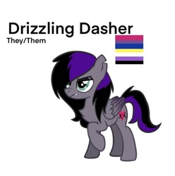 Size: 606x612 | Tagged: safe, artist:revenge.cats, derpibooru import, oc, oc:drizzling dasher, pegasus, pony, bisexual, bisexual pride flag, colored wings, emo, eyeshadow, fangs, frown, gradient wings, makeup, nonbinary, nonbinary pride flag, pride, pride flag, reference sheet, scar, simple background, solo, wings