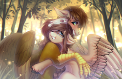 Size: 3400x2200 | Tagged: safe, artist:fenwaru, derpibooru import, oc, oc only, oc:ondrea, oc:swango, hippogriff, pegasus, pony, blushing, braid, bust, cute, face paint, feather, forest, freckles, hug, icon, long hair, portrait, skull, smiling, snuggling, spread wings, tall, thick, wings