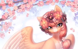 Size: 3507x2200 | Tagged: safe, artist:fenwaru, derpibooru import, oc, oc only, pegasus, pony, bedroom eyes, blaze (coat marking), bust, coat markings, facial markings, female, floral head wreath, flower, flower in hair, looking at you, mare, pale belly, solo, spread wings, tree, two toned wings, wings