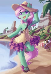 Size: 2821x4096 | Tagged: safe, artist:saxopi, derpibooru import, oc, oc only, earth pony, semi-anthro, beach, beach umbrella, female, palm tree, solo, tree