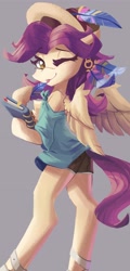 Size: 1770x3698 | Tagged: safe, artist:saxopi, derpibooru import, oc, oc only, pegasus, semi-anthro, clothes, feather, hat, shorts, solo, tongue, tongue out