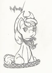 Size: 952x1328 | Tagged: safe, artist:thepiplup, derpibooru import, apple bloom, earth pony, pony, female, filly, hat, hay stalk, looking at you, monochrome, neckerchief, sitting, solo