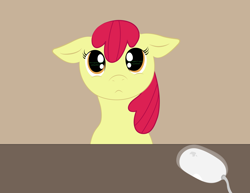 Size: 3300x2550 | Tagged: safe, artist:huntclaw, derpibooru import, apple bloom, earth pony, apple (company), apple pro mouse, computer, computer mouse, ears, female, filly, floppy ears, imgur, missing accessory, reflection, solo