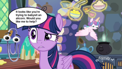 Size: 960x540 | Tagged: safe, derpibooru import, edit, edited screencap, screencap, princess flurry heart, twilight sparkle, twilight sparkle (alicorn), alicorn, pony, best gift ever, cauldron, clippit, confused, crossover, discovery family logo, kitchen, speech bubble, talking, text