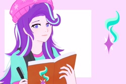 Size: 2048x1364 | Tagged: safe, artist:ssaannggggg, derpibooru import, starlight glimmer, human, equestria girls, beanie, book, clothes, hat, humanized, light skin, solo