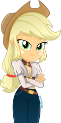 Size: 1000x2019 | Tagged: safe, artist:steyrrdash, derpibooru import, applejack, equestria girls, breasts, cleavage, crossed arms, female, simple background, solo, transparent background, vector