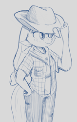 Size: 1288x2044 | Tagged: safe, artist:hitsuji, derpibooru import, applejack, anthro, applejack's hat, clothes, cowboy hat, flannel, hat, jeans, looking offscreen, neckerchief, pants, solo, tail