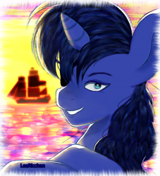 Size: 1000x1100 | Tagged: safe, artist:learicchan, derpibooru import, oc, oc only, pony, unicorn, bust, eyepatch, grin, horn, male, ocean, outdoors, pirate ship, ship, smiling, solo, stallion, unicorn oc