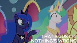 Size: 1280x720 | Tagged: safe, derpibooru import, edit, edited screencap, editor:quoterific, screencap, princess celestia, princess luna, alicorn, pony, season 9, the beginning of the end, ^^, crown, cute, cutelestia, duo, duo female, eyes closed, female, grin, jewelry, lunabetes, mare, open mouth, open smile, regalia, royal sisters, siblings, sisters, smiling