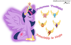 Size: 1557x1000 | Tagged: safe, artist:srmario, derpibooru import, twilight sparkle, twilight sparkle (alicorn), alicorn, pony, big crown thingy, element of generosity, element of honesty, element of kindness, element of laughter, element of loyalty, element of magic, elements of harmony, eyes closed, female, hoof shoes, jewelry, mare, regalia, simple background, smiling, solo, tiara, transparent background