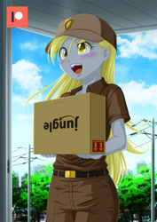 Size: 848x1200 | Tagged: safe, artist:uotapo, derpibooru import, derpy hooves, equestria girls, amazon, amazon.com, baseball cap, blushing, box, cap, cardboard box, cute, delivery, derpabetes, detailed background, female, hat, open mouth, open smile, patreon, patreon logo, power line, smiling, solo, this side up, upside down