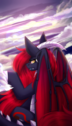 Size: 1856x3231 | Tagged: safe, artist:inspiredpixels, derpibooru import, oc, oc only, oc:scarlet spectrum, original species, pony, cloud, flying, looking at you, looking back, looking back at you, red and black oc, sky, slit eyes, solo, sun