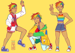 Size: 3600x2570 | Tagged: safe, artist:show-a-bit-of-teeth, derpibooru import, rainbow dash, hedgehog, human, alternate hairstyle, clothes, converse, female, grin, humanized, jersey, leggings, male, midriff, moderate dark skin, ok hand sign, open mouth, peace sign, shoes, shorts, simple background, smiling, sneakers, socks, solo, sonic the hedgehog, sonic the hedgehog (series), sports bra, sports shorts, tanktop, varsity jacket, yellow background