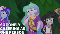 Size: 1280x720 | Tagged: safe, derpibooru import, edit, edited screencap, editor:quoterific, screencap, octavia melody, princess celestia, princess luna, principal celestia, vice principal luna, equestria girls, legend of everfree, legend of everfree - bloopers, camp everfree outfits, cap, clothes, female, hat, smiling, trio, trio female