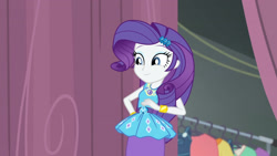 Size: 3410x1920 | Tagged: safe, derpibooru import, screencap, rarity, equestria girls, equestria girls series, rarity investigates: the case of the bedazzled boot, bracelet, clothes, cute, cutie mark, cutie mark on clothes, female, geode of shielding, hairpin, jewelry, magical geodes, raribetes, rarity peplum dress, smiling, solo