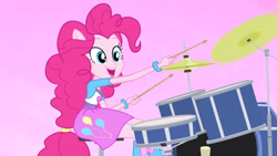 Size: 3410x1920 | Tagged: safe, derpibooru import, screencap, pinkie pie, equestria girls, rainbow rocks, better than ever, boots, clothes, cute, cutie mark, cutie mark on clothes, diapinkes, drum kit, drums, drumsticks, female, musical instrument, open mouth, ponied up, shoes, smiling, solo