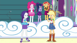 Size: 1920x1080 | Tagged: safe, derpibooru import, screencap, applejack, pinkie pie, rarity, sci-twi, sunset shimmer, twilight sparkle, better together, equestria girls, rollercoaster of friendship