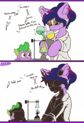 Size: 2076x3017 | Tagged: safe, artist:avery-valentine, derpibooru import, spike, twilight sparkle, dragon, pony, unicorn, bunsen burner, chemicals, erlenmeyer flask, flask, florence flask, goggles, implied explosion, levitation, magic, soot, telekinesis