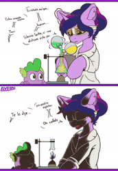 Size: 2076x3017 | Tagged: safe, alternate version, artist:avery-valentine, derpibooru import, spike, twilight sparkle, dragon, pony, unicorn, bunsen burner, chemicals, erlenmeyer flask, flask, florence flask, goggles, implied explosion, levitation, magic, soot, spanish, telekinesis, translation