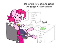 Size: 4098x3072 | Tagged: safe, artist:datzigga, derpibooru import, pinkie pie, earth pony, pony, computer monitor, desk, dialogue, lazytown, looking at you, pirate, you are a pirate