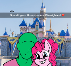 Size: 1012x945 | Tagged: safe, artist:datzigga, derpibooru import, pinkie pie, oc, oc:anon, earth pony, human, pony, disneyland, selfie, snapchat