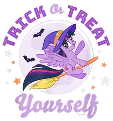 Size: 700x750 | Tagged: safe, derpibooru import, twilight sparkle, twilight sparkle (alicorn), alicorn, bat, pony, g4, broom, cropped, design, female, flying, flying broomstick, full moon, halloween, hat, holiday, mare, merchandise, moon, official, shirt design, simple background, solo, stars, text, transparent background, witch hat