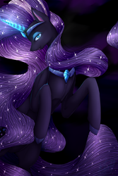 Size: 2000x3000 | Tagged: safe, artist:midfire, derpibooru import, nightmare rarity, pony, unicorn, black background, blue eyes, colored pupils, crown, ethereal mane, female, flowing mane, flowing tail, gem, glow, glowing horn, horn, jewelry, lidded eyes, looking at you, necklace, purple mane, regalia, simple background, smiling, solo, sparkles, starry mane