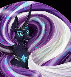 Size: 1800x1950 | Tagged: safe, artist:theneithervoid, derpibooru import, nightmare rarity, pony, unicorn, black background, blue eyes, colored pupils, crown, curved horn, deviantart watermark, ethereal mane, evil grin, eyelashes, female, flowing mane, gem, glow, grin, horn, jewelry, long horn, looking at you, necklace, obtrusive watermark, purple mane, regalia, simple background, smiling, solo, sparkles, starry mane, teeth, watermark