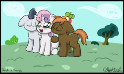 Size: 1527x915 | Tagged: safe, artist:agent-diego, derpibooru import, button mash, rumble, sweetie belle, earth pony, pegasus, pony, unicorn, colt, digital art, female, filly, kissing, male, polyamory, rumbellemash, shipping, straight