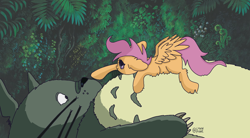 Size: 1200x662 | Tagged: safe, artist:lynnpone, derpibooru import, scootaloo, pegasus, pony, anime, boop, crossover, cute, my neighbor totoro, totoro