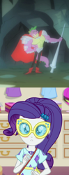 Size: 856x2160 | Tagged: safe, derpibooru import, edit, edited screencap, screencap, rarity, spike, a dog and pony show, better together, equestria girls, spring breakdown, beefspike, blushing, cape, clothes, cropped, female, interspecies, lance, male, shipping, shipping domino, sparity, straight, sunglasses, weapon