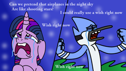 Size: 1200x675 | Tagged: safe, artist:jadethepegasus, derpibooru import, twilight sparkle, unicorn twilight, anthro, bird, blue jay, pony, unicorn, my little pony: the movie, aeroplanes and meteor showers, airplanes (song), crossover, crossover shipping, crying, eyes closed, female, grass, male, meme, mordecai, mordetwi, night, open mouth, redraw mordetwi meme, regular show, sad, shipping, shooting star, song reference, straight