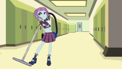 Size: 1920x1080 | Tagged: artist needed, safe, artist:ameyal, derpibooru import, edit, sunny flare, equestria girls, 1000 hours in keynote, backpack vacuum cleaner, canterlot high, clothes, crossed arms, crystal prep academy uniform, female, frown, hallway, school, school uniform, short shirt, solo, vacuum cleaner, vector, vector edit