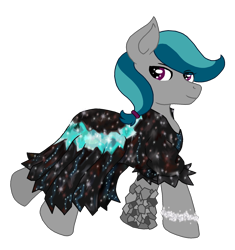 Size: 1934x2055 | Tagged: safe, artist:asktheartpone, derpibooru import, oc, oc only, oc:precious gemstones, crystal pony, earth pony, pony, blue hair, bracelet, clothes, crossdressing, diamond, dress, gray coat, half crystal pony, jewelry, multicolored hair, multicolored mane, purple eyes, smiling, solo, sparkles, sparkly, stone