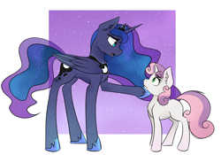 Size: 3001x2101 | Tagged: safe, artist:pointdelta, derpibooru import, princess luna, sweetie belle, alicorn, pony, unicorn, for whom the sweetie belle toils, chest fluff, concerned, duo, ear fluff, ears, eye contact, female, filly, lifting chin, looking at each other, mare, scene interpretation