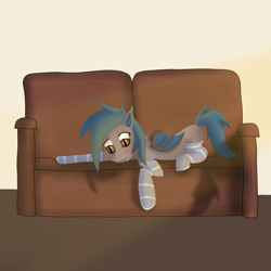 Size: 2500x2500 | Tagged: safe, artist:trotski432, derpibooru import, oc, oc only, oc:yeet fang, bat pony, blushing, clothes, crepuscular rays, lying down, male, room, socks, sofa, solo, stallion, striped socks, thigh highs