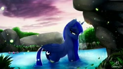 Size: 1280x720 | Tagged: safe, artist:dashy21art, derpibooru import, princess luna, alicorn, pony, bedroom eyes, butt, looking at you, looking back, looking back at you, missing accessory, moonbutt, river, sky, solo, water lily, wet, wet mane, wet mane luna