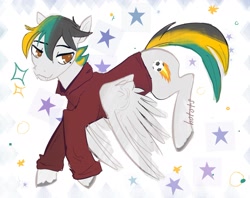 Size: 1879x1491 | Tagged: safe, artist:hotots, derpibooru import, oc, oc only, oc:lundashy, pegasus, pony, abstract background, clothes, fangs, male, multicolored mane, multicolored tail, signature, solo, spread wings, stallion, unshorn fetlocks, wings