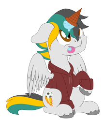 Size: 3400x4000 | Tagged: safe, artist:djdavid98, derpibooru import, oc, oc only, oc:lundashy, pegasus, pony, brown eyes, clothes, commission, ears, fangs, floppy ears, food, gray coat, ice cream, ice cream cone, ice cream horn, looking up, male, raised leg, simple background, sitting, solo, spread wings, tongue, tongue out, transparent background, unshorn fetlocks, wings, ych result