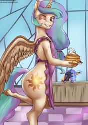Size: 2480x3508 | Tagged: safe, artist:nire, derpibooru import, princess celestia, princess luna, alicorn, pony, apron, bipedal, butt, canterlot castle, clothes, cutie mark, eyes closed, female, food, grin, hoof shoes, levitation, looking at you, magic, mare, momlestia fuel, one eye closed, open mouth, pancakes, pineapple, plate, sky, smiling, smiling at you, sunbutt, table, telekinesis, window, wink, winking at you