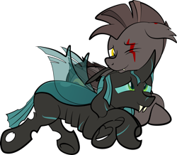 Size: 1920x1672 | Tagged: safe, artist:alexdti, derpibooru import, oc, oc only, oc:kallaxia, oc:nocturnal wanderer, bat pony, changeling, pony, lying down, prone, simple background, transparent background