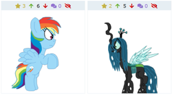 Size: 619x343 | Tagged: safe, artist:alvaxerox, derpibooru import, queen chrysalis, rainbow dash, derpibooru, juxtaposition, juxtaposition win, meme, meta, simple background, solo, transparent background