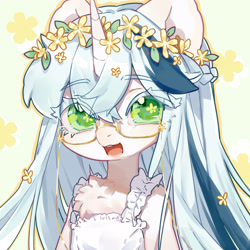 Size: 2048x2048 | Tagged: safe, artist:guinai, derpibooru import, oc, oc only, oc:cidyllic, anthro, unicorn, anthro oc, chest fluff, floral head wreath, flower, flower in hair, glasses, looking at you, open mouth, open smile, simple background, smiling, smiling at you, solo
