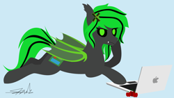 Size: 3386x1903 | Tagged: safe, artist:samsailz, derpibooru import, oc, oc:malmare, bat, bat pony, apple, bat pony oc, computer, fangs, food, laptop computer, lineless, looking at you, lying, smiling, solo