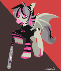 Size: 2813x3276 | Tagged: safe, artist:samsailz, derpibooru import, oc, oc:gravel shine, bat pony, 2007, asexual, badasss, baseball bat, bat pony oc, bat wings, bubblegum, crossed legs, ear piercing, earring, emo, fangs, food, gum, jewelry, lineless, looking at you, makeup, piercing, punk, skull, unamused, wings