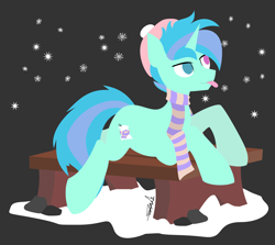 Size: 2256x2009 | Tagged: safe, artist:samsailz, derpibooru import, pony, unicorn, bench, clothes, cold, lineless, lying down, scarf, smiling, snow, snowflake, stone, tongue, tongue out