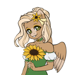 Size: 806x831 | Tagged: safe, artist:purring_cat, derpibooru import, oc, oc only, oc:sunflower breeze, anthro, pegasus, anthro oc, choker, clothes, dress, female, flower, flower in hair, half body, looking at you, mare, oc pegasus, simple background, smiling, smiling at you, sunflower, white background
